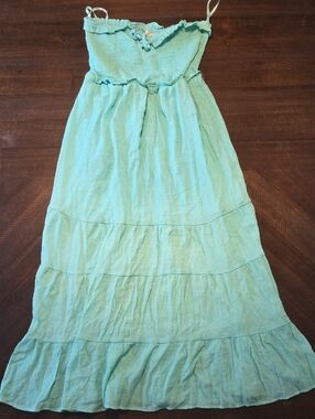 Sleeveless Aqua Tiered Maxi Dress with Smocked Bodice